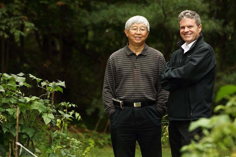 Drs. Kevin Vessey and Houman Fei in the the community gardens at Saint Mary's